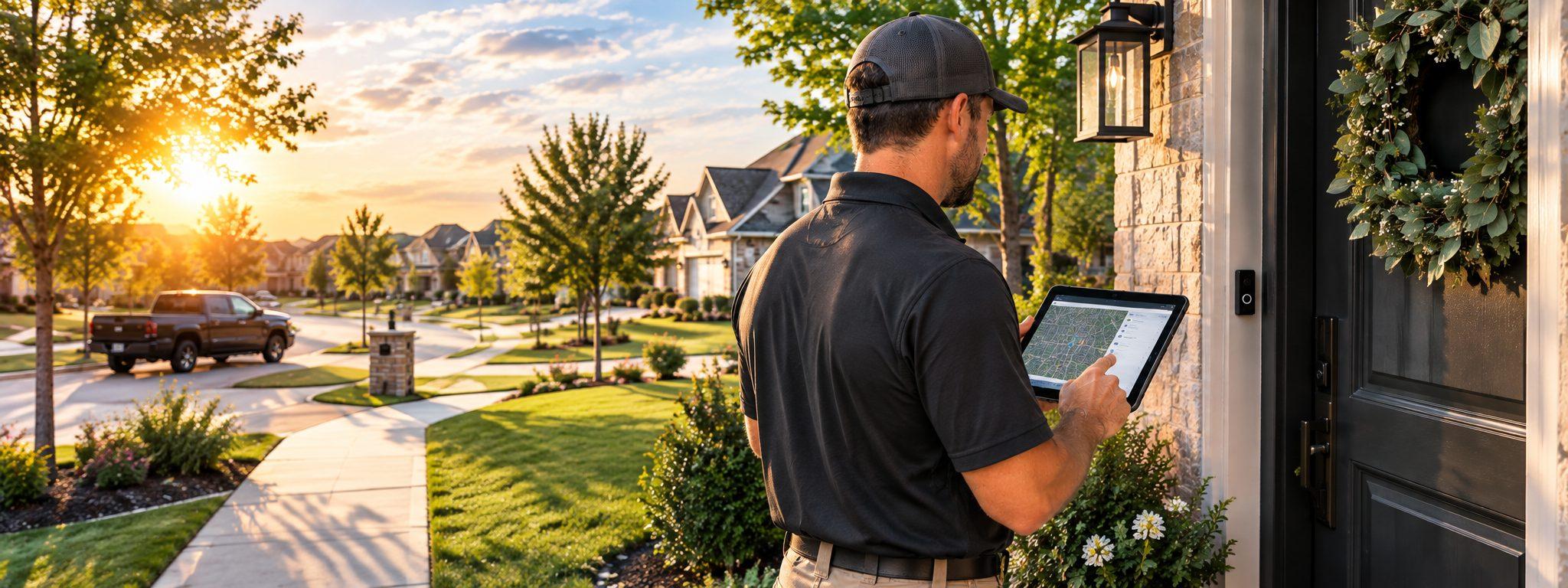 A contractor checking a territory map on a tablet at a customer's front door at sunset
