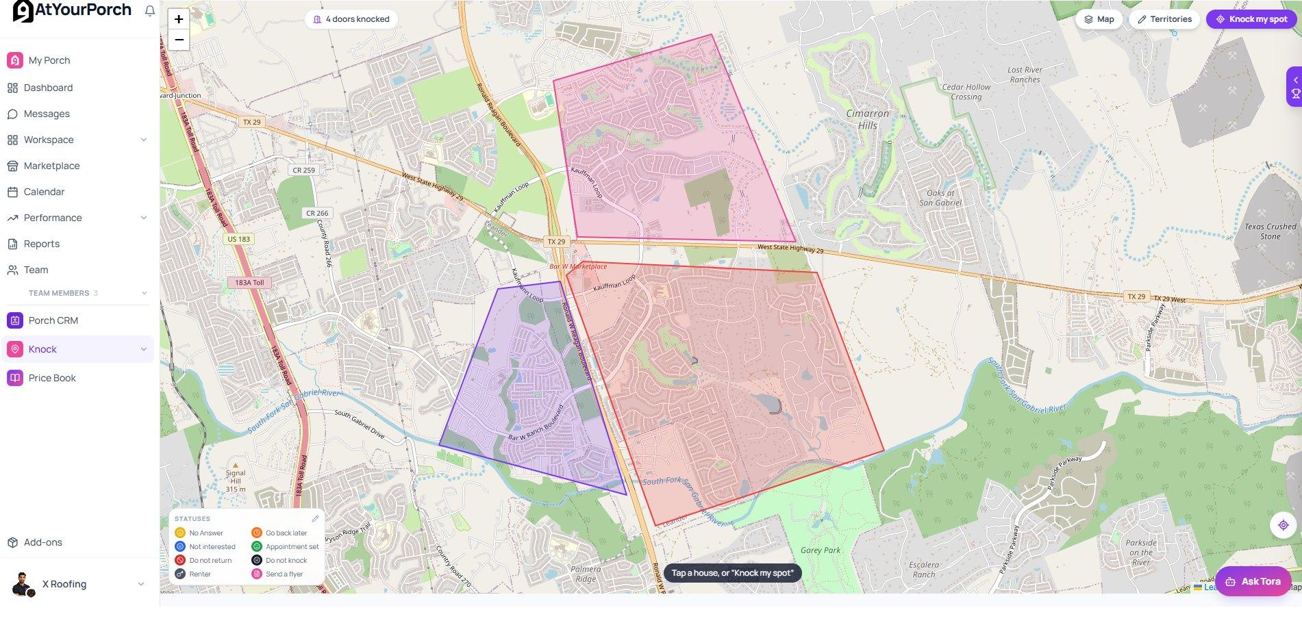 The Knock map in AtYourPorch: three colored territories drawn over a neighborhood, a Statuses key in the corner, and Porch CRM, Knock and Price Book in the sidebar